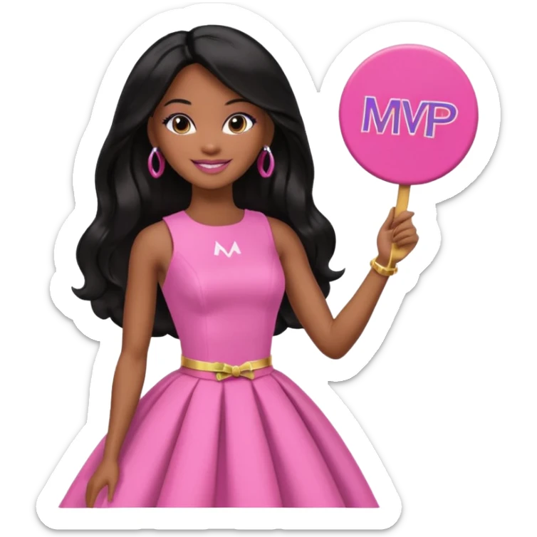 Black barbie, long black  hair, pink dress holding mvp sign  sticker