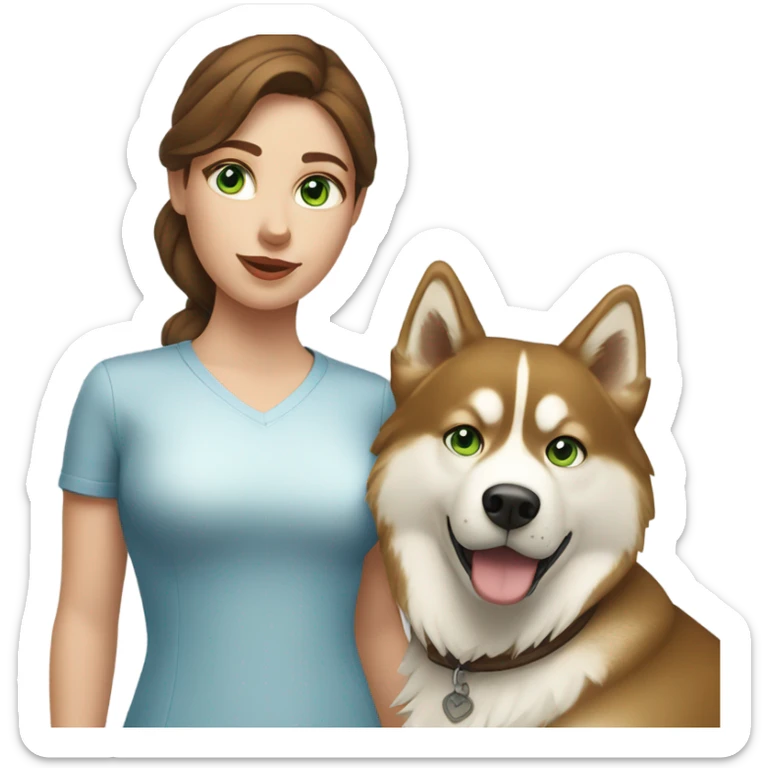 Brown hair  woman with blue eyes with a golden Husky with green eyes sticker