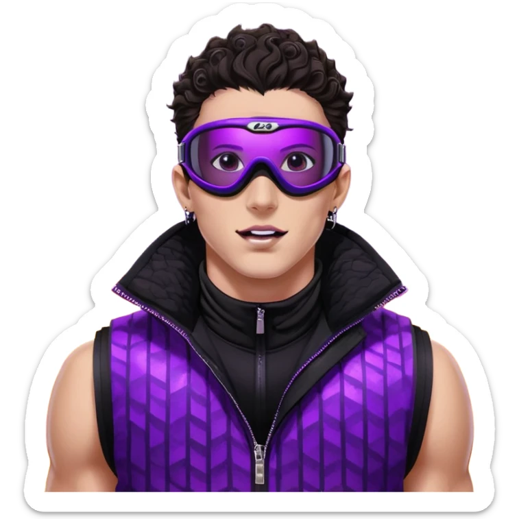 close-up of bad guy male athlete with white skin and moderately curly dark brown hair on top with shaved sides, wearing ski goggles with purple frames and very dark black lenses, a simple plain black chain necklace, and a completely unzipped sleeveless vest with purple and black sequin fire pattern design with no logo, with an extremely arrogant expression sticking his tongue out mockingly, looking menacing and villainous sticker