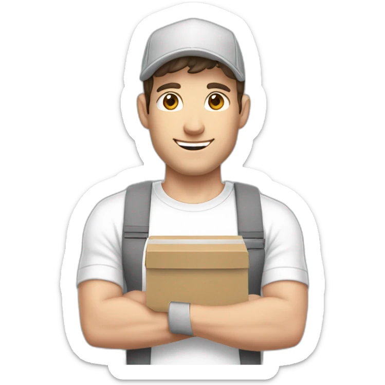 Pale skinned fit Man with dark brown hair in a white cap, gray jeans and gray polo T-shirt keeping a pasted with tape box into his hands sticker