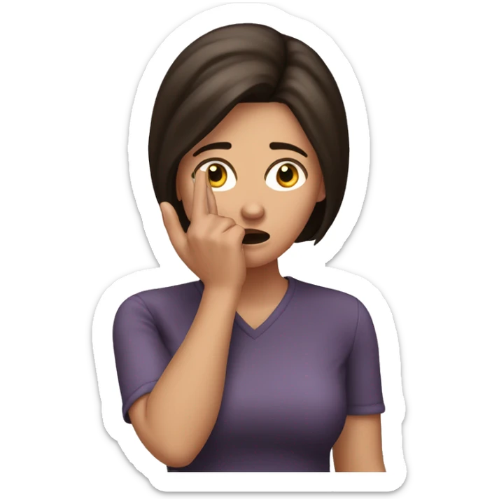 Woman brunette who is quited shocked and pointig finger to her head sticker