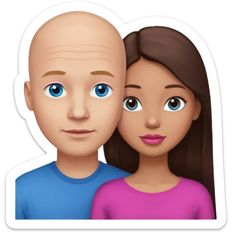 Bald white man blue eyes in love with Filipina woman with long hair dark brown eyes and pink lips sticker