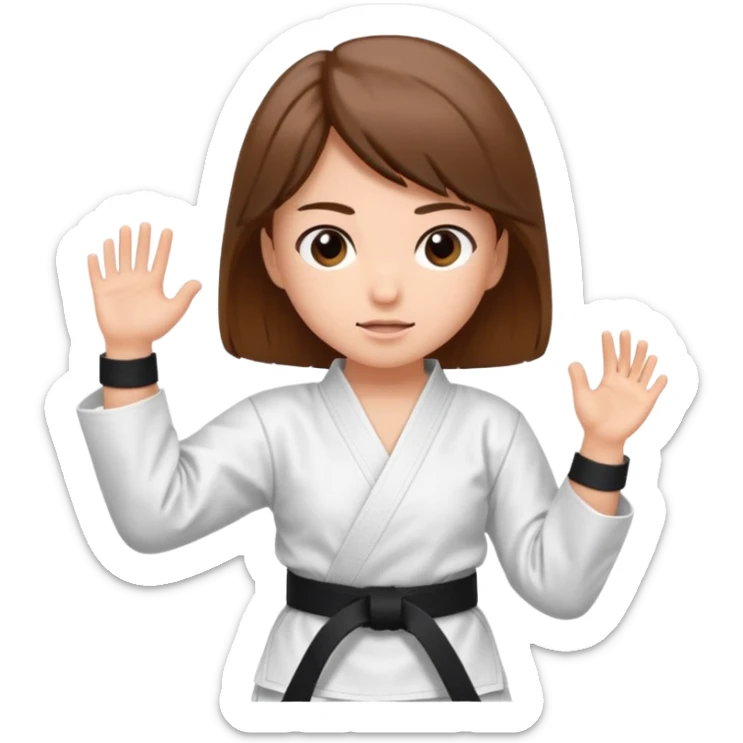 Ragazza castana che pratica karate, ha la cintura nera ed io tradizionale kimono bianco del karate, tira un calcio laterale oppure un pugno oppure è in posizione di guardia sticker