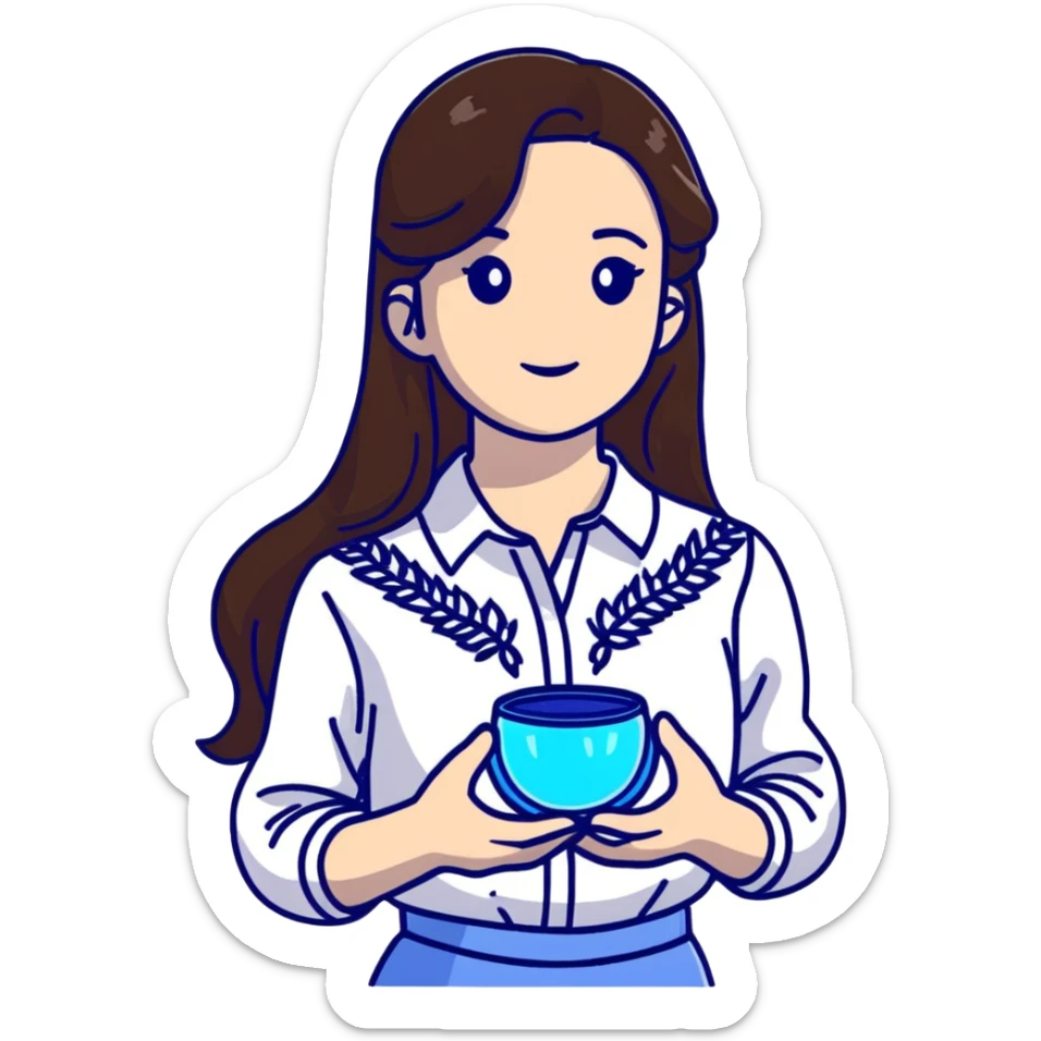 Ukrainian young girl with long brown hair in a white traditional embroidered shirt, cupping a small glowing blue light in her hands representing her soul sticker