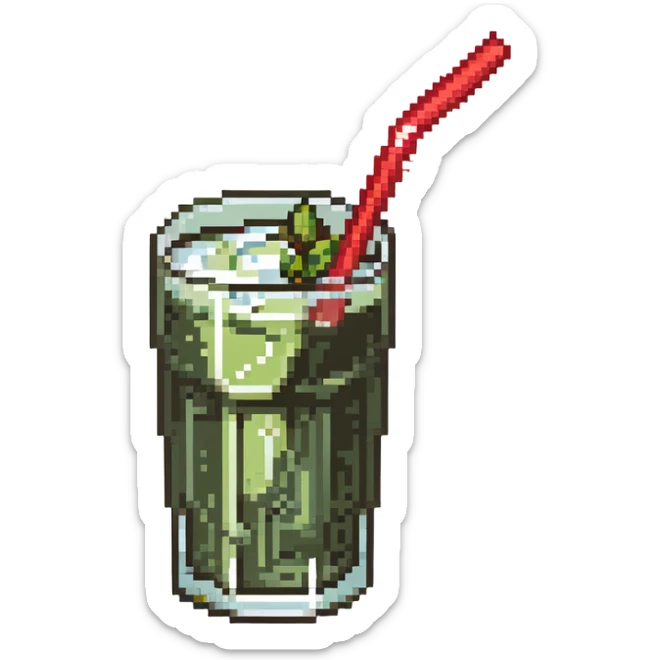 Glass of sugarcane juice with ice cubes, pale green liquid, and a straw sticker