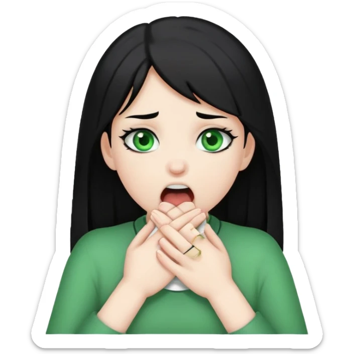 A girl with black hair and white skin and green eyes with her hands on her throat like a x sticker