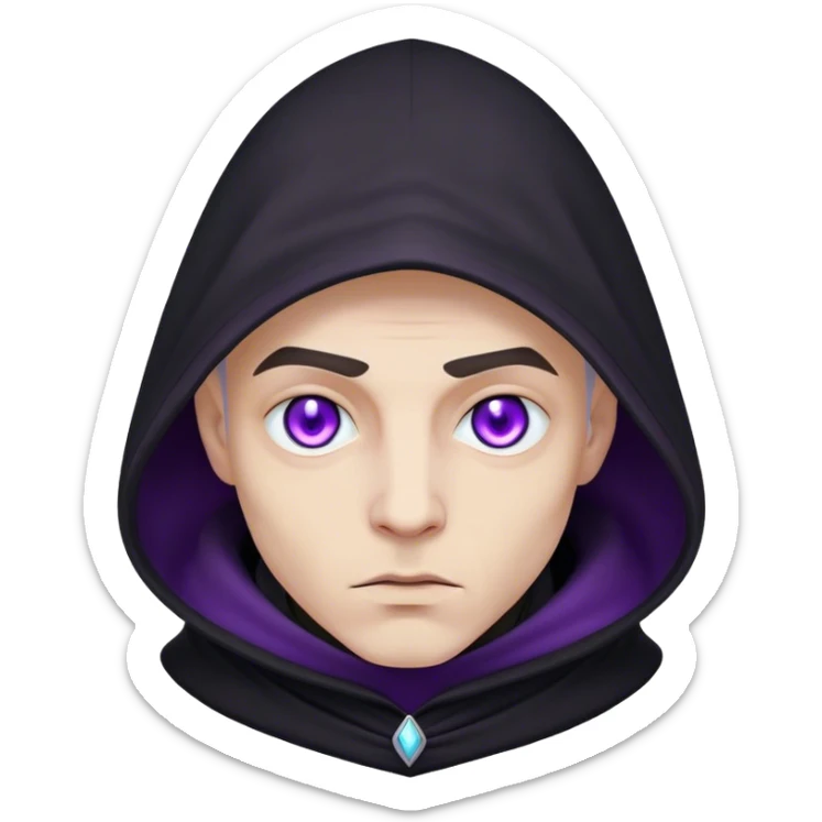 A pale sorcerer in a flowing black hood, his eerie violet eyes locked onto the viewer sticker