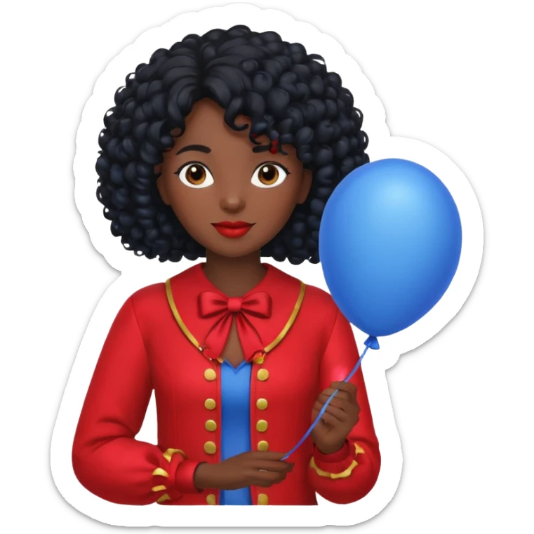 woman with curly black hair and dark face red costume, holding blue balloon sticker