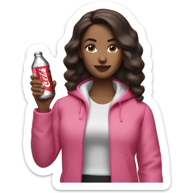 Woman with dark brown hair, dark brown eyed and light skin waring pink lulu lemon jacket, drinking cherry diet coke bottle’s  sticker
