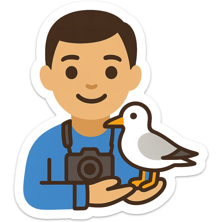 Minimalist emoji-style illustration of a smiling photographer holding a seagull in their hands and a camera around the neck. Simplified, clean lines, vibrant colors, small size sticker