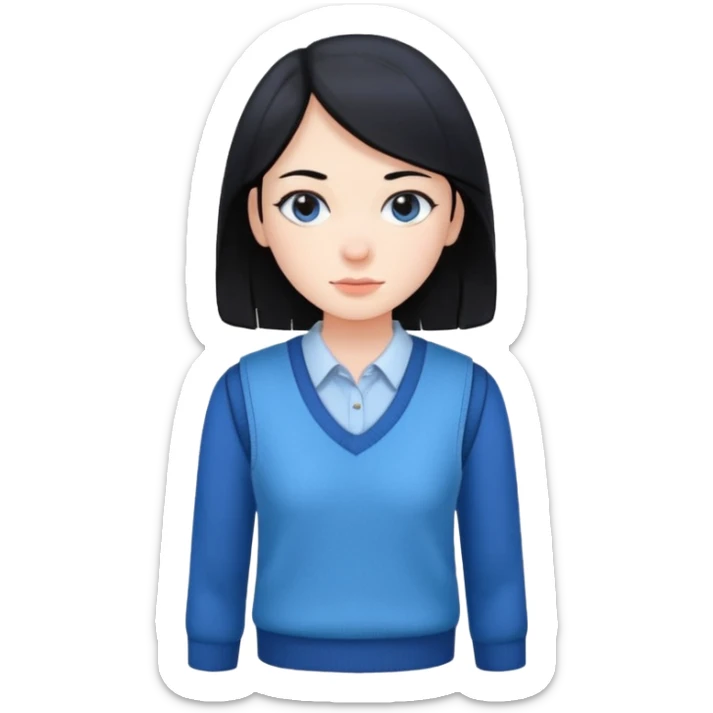 make a girl hair short black and wear bunny skin pale ok and wear Sweater vests blue and make little bit a younger sticker