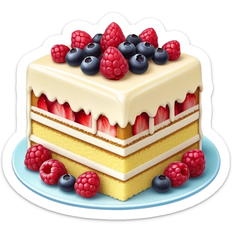 Cinematic luxurious slice of cake, delicate layers of moist sponge and rich frosting, beautifully decorated with fresh berries and a glossy glaze, soft glowing light, elegant and indulgent. sticker