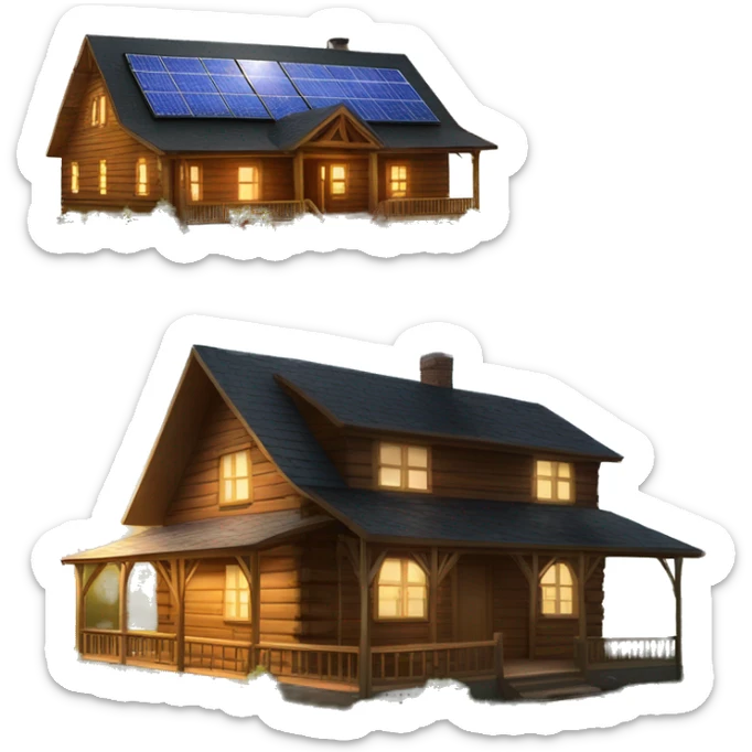 Very big Wood Cabin near tree, 5 stories tall solar, grass fields,porch lights on  sticker