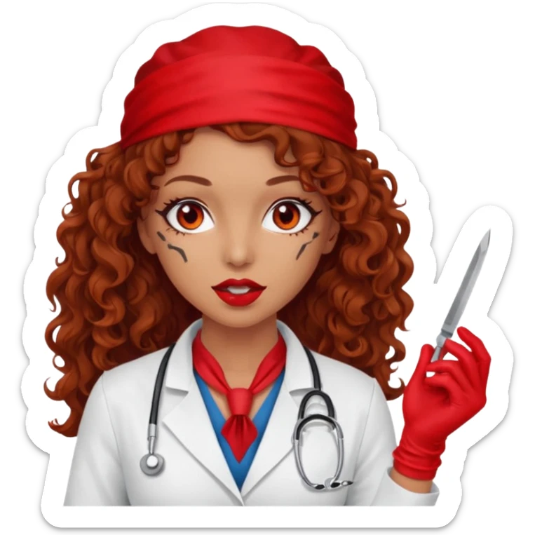 Scary woman scalpel in hand, evil surgeon sexy surgeon clothes.  She has red eyes. Her  brown long curly hair. Wears sexy doctor outfit with red gloves. Only uses red bandanna  to hide her face mouth with red bandana to hide her identity sticker