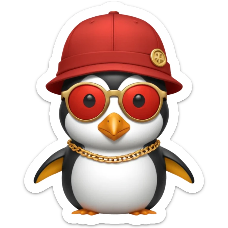 Mike D from Beastie Boys with dark sun glasses and large penguin medallion on gold chain and Red Hat with Mike D printed on hat sticker