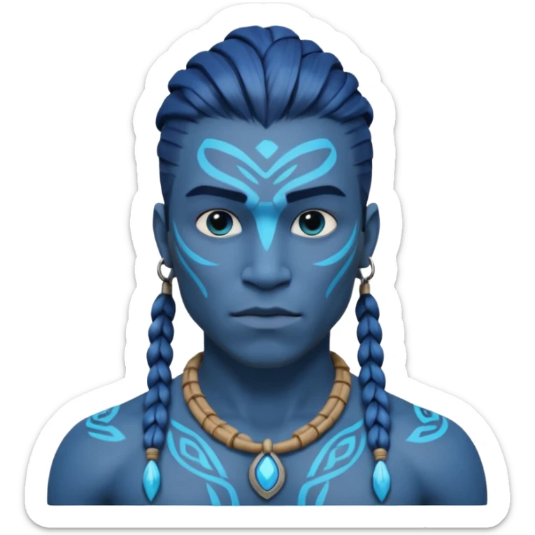 avatar-style Na’vi male portrait, head and shoulders only, blue skin, bioluminescent markings, strong face features, braided hair, tribal necklace, heroic expression, 3D cartoon, mobile game icon style, clean background, no text, no watermark
 sticker