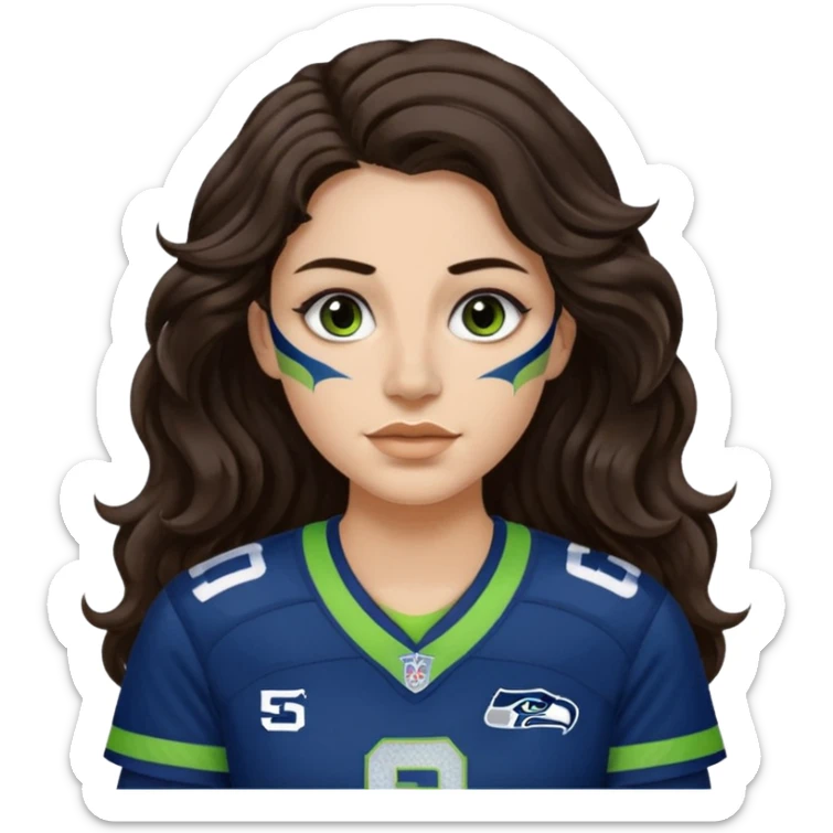 Long wavy Dark brown hair with small nose stud of seahawks fan women sticker