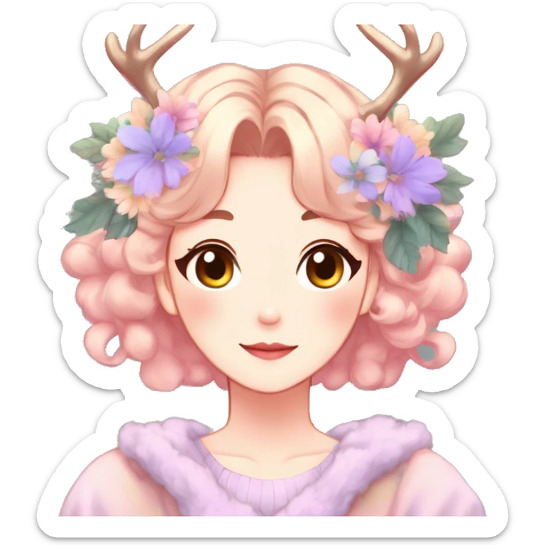 Gorgeous Shiny Colorful Pastel Anime Style Mature Lady with blushing face and pretty hair with a flower crown and antlers pastelcore kawaii cottagecore aesthetic trending style sticker