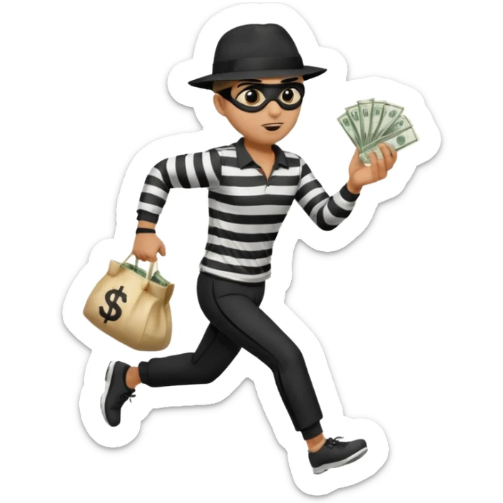 Make a man wear a black pant and he shirt is balck line and white line and wear a black hat and he holding a money bag and he running he wear a black eye thing sticker