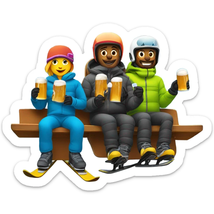 Two skiers and one snowboarder on chairlift with beer  sticker