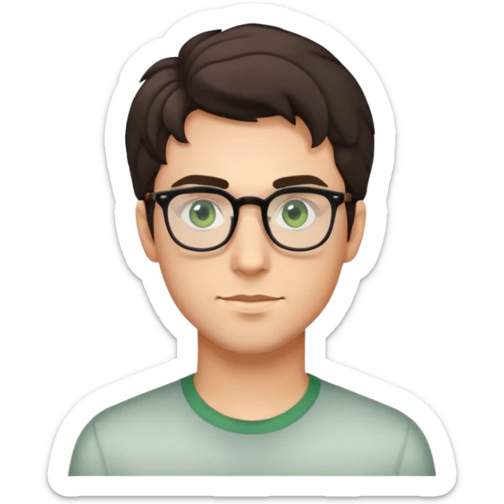 young man with dark slightly curled hair wearing glasses with green eyes and very light stubble, minimal facial hair sticker