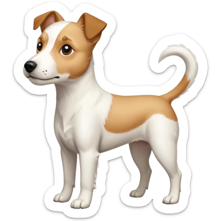 a full body buff white parson russell terrier looking dog the size of a kelpie with light brown long ears and a light brown patch on one eye and a large snout. the rest of the dog is completely white. forward facing sticker