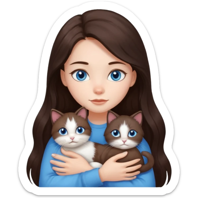 a pretty girl with long dark 
brown hair, with blue eyes, hugs 3 different natural coloured small cats sticker