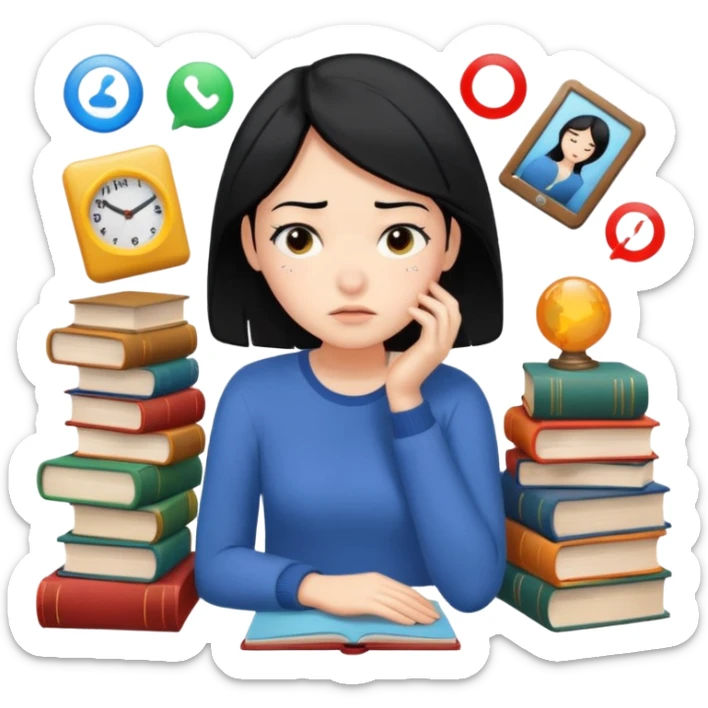female emoji with black hair, exhausted expression, surrounded by books and activity icons sticker