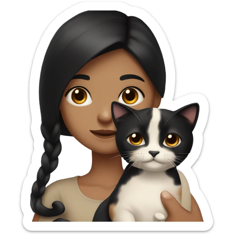 Girl with black hair holding a Siamese and a calico cat. sticker