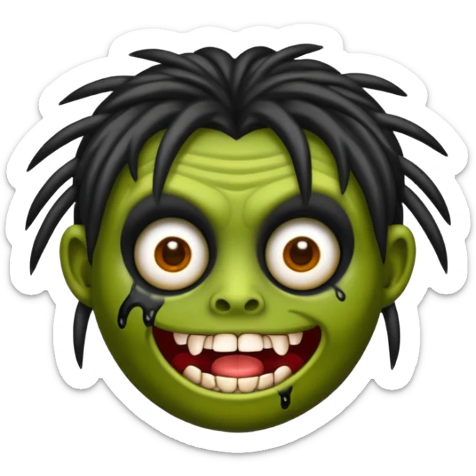 Emoji de uma garota zumbi com os cabelos longos, lisos e pretos. Ela usa uma franja curta. sticker