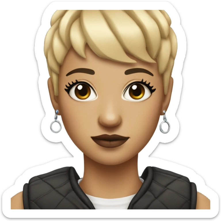 Woman with short blonde hair with micro bangs, and a nostril piercing, and a septum piercing sticker