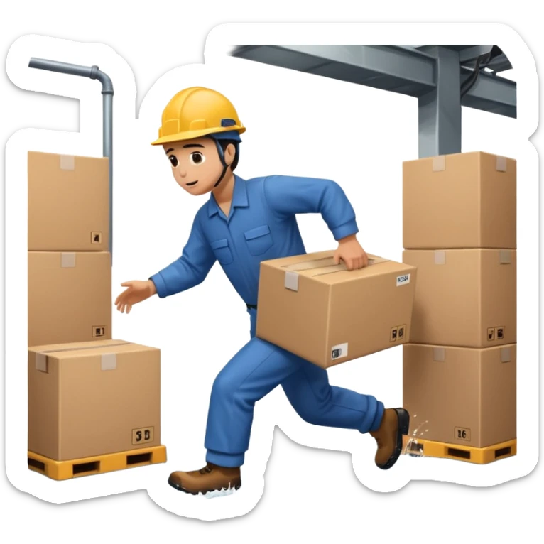 Animación educativa sobre un accidente laboral en un entorno industrial. Un trabajador de fábrica, con casco pero sin otros elementos de protección personal, resbala en un piso mojado y cae al suelo mientras transporta una caja. sticker