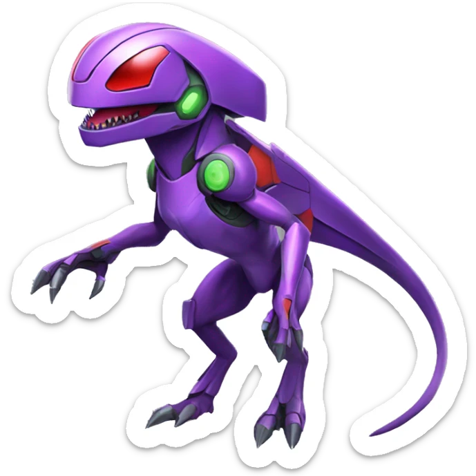 a shiny purple-green-red Genesect-Raptor-Fakémon—hybrid with a futuristic visor-helmet full body sticker
