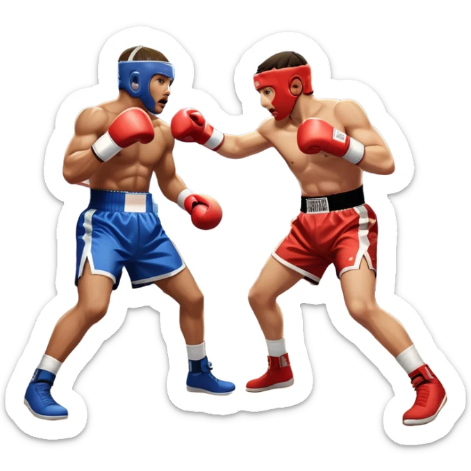 An icon showing two professional boxers in the middle of an intense fight in the ring. They are wearing gloves and protective gear, with one boxer throwing a punch while the other dodges. The background features bright lights, a cheering crowd, and the ropes of the boxing ring. sticker