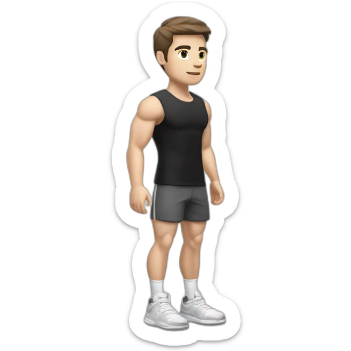 Pale skinned Fit Man With the biceps and dark brown hair in black shirt, gray sports shorts and white Sneakers Relies on the crossbar sticker