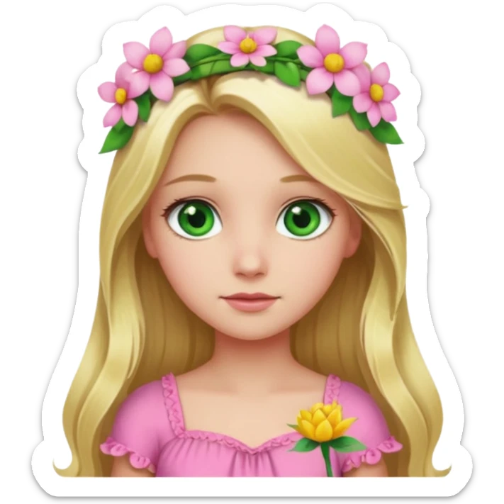 Girl profile picture with long blonde hair and green eyes and a flower in her hair. and a pink outfit sticker