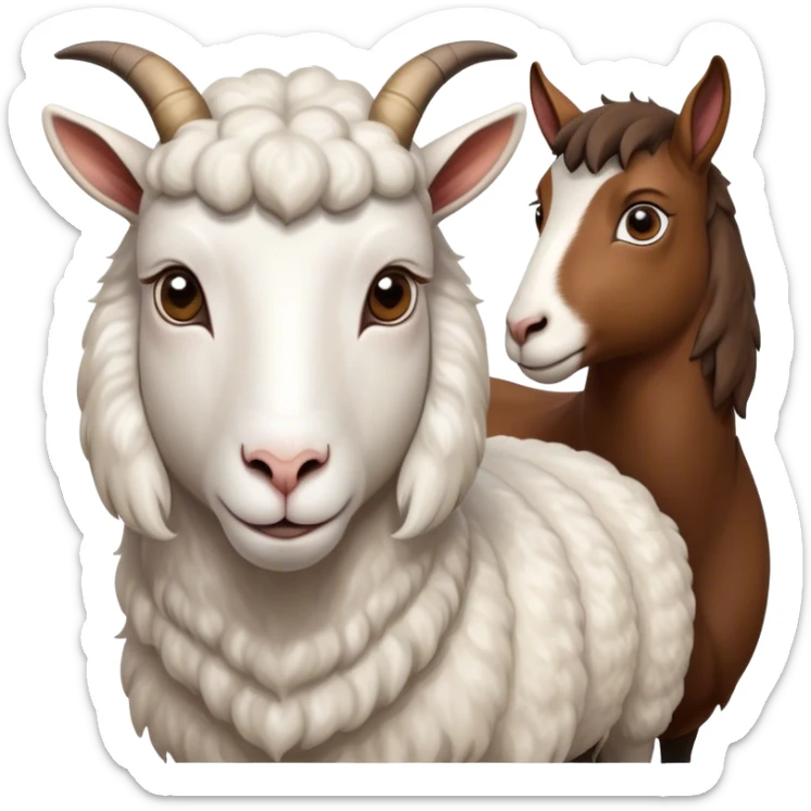 Portrait collage of domestic hooved animals: A calm goat with soft fur, a fluffy sheep with large eyes, and a noble horse with a shiny coat. Soft green meadow and distant hills in the background. Transparent background. sticker