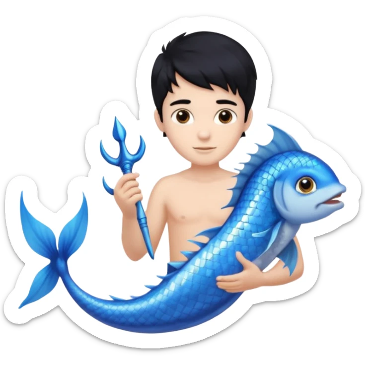 boy, black hair, brown eyes, white skin, Triton, with Triton in hand, blue Triton tail and blue triton fish ears sticker
