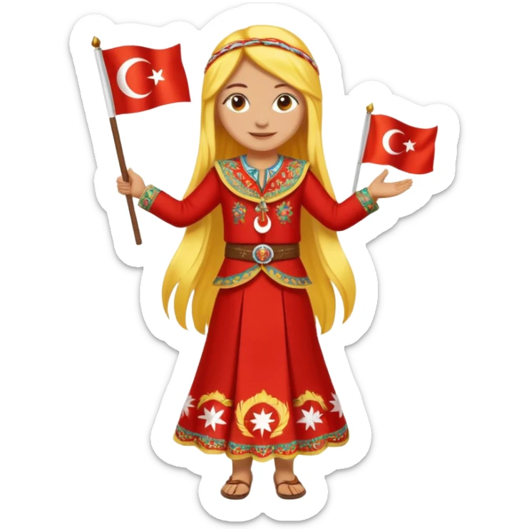 ultra sexy happy Turkish girl with Turkish flag in national outfit, full body, long yellow hair sticker