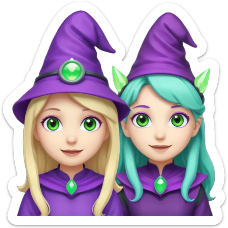 Make a blonde girl with green glowing headset on with teal eyes and a purple haired girl with green eyes waering a purple wit hes hat haveing fun , make them a chibi emoji page sticker