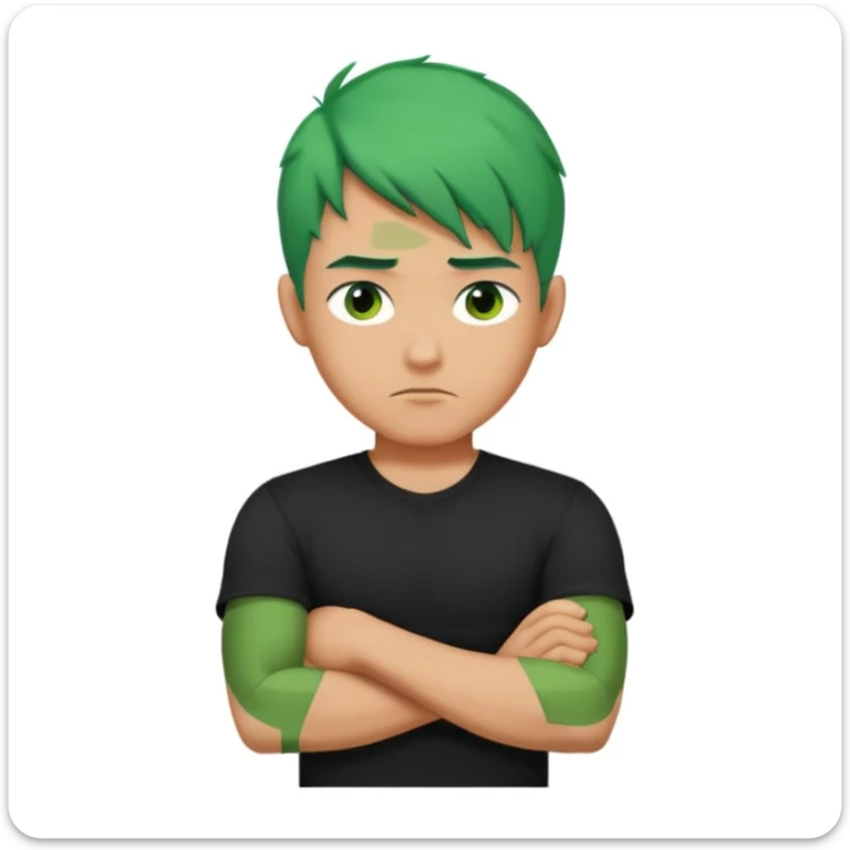 a man with his arms crossed over his chest, green hair, and serious eyes sticker