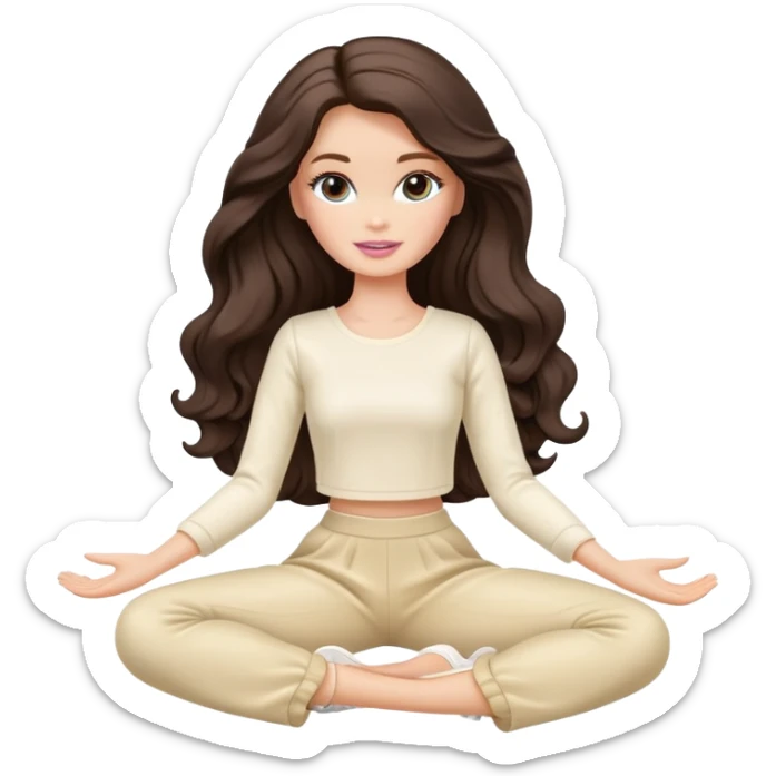 A white Barbie girl with long dark brown wave hair in a cream clothes Sitting on the splits sticker