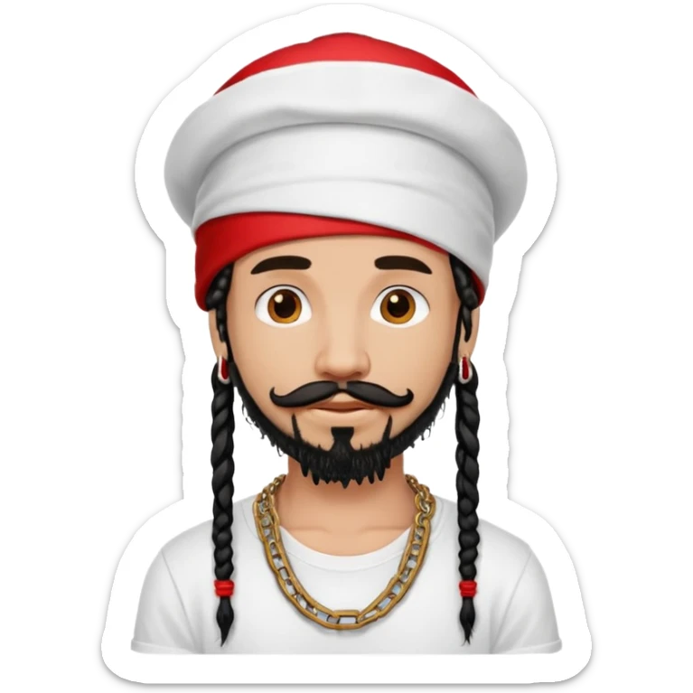 a beautiful male with black dreads, moustache and goatee, white t-shirt, red hat, chain around neck sticker