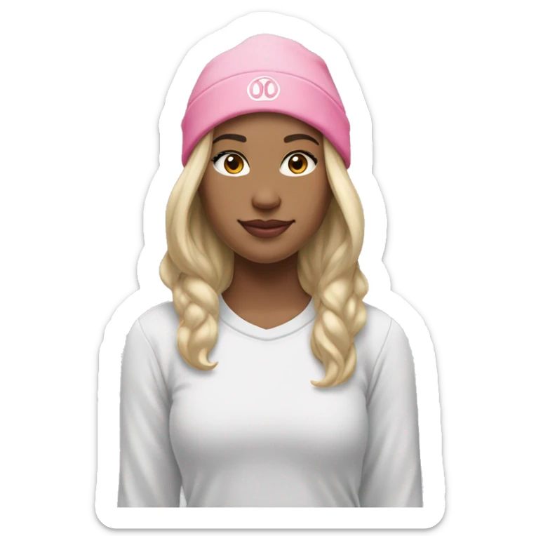 white raced, blonde hair with middle part, girl, long sleeve white lululemon shirt,  grey sweat pants, and a pink santa hat sticker