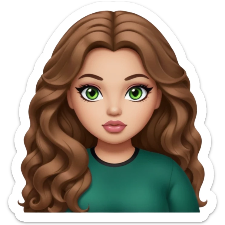  long brown wavy hair, light skin, green eyes, pretty bratz baddie, big plus size , black eyeliner, blush sticker