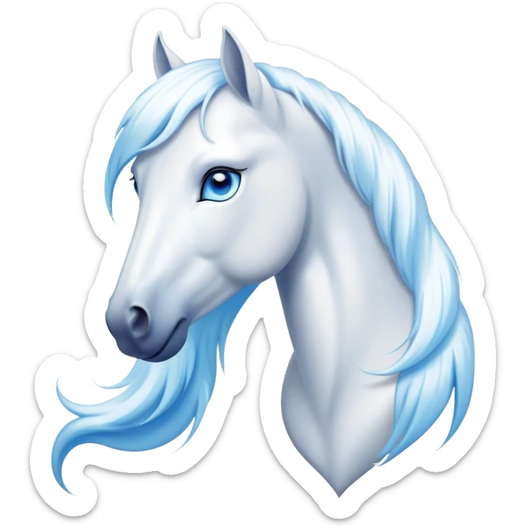 Cinematic Elegant White Horse Portrait Emoji, Head held high with a serene, graceful gaze, showcasing a magnificent pure white fur with a radiant shimmer, flowing mane and tail, and luminous blue eyes that exude beauty and grace, Simplified yet majestically refined features, highly detailed, glowing with a soft, ethereal light, high shine, poised and breathtaking, stylized with an air of pure elegance, capturing the essence of a stunning and graceful steed, so beautiful it feels like it could gallop out of the screen with effortless charm! sticker