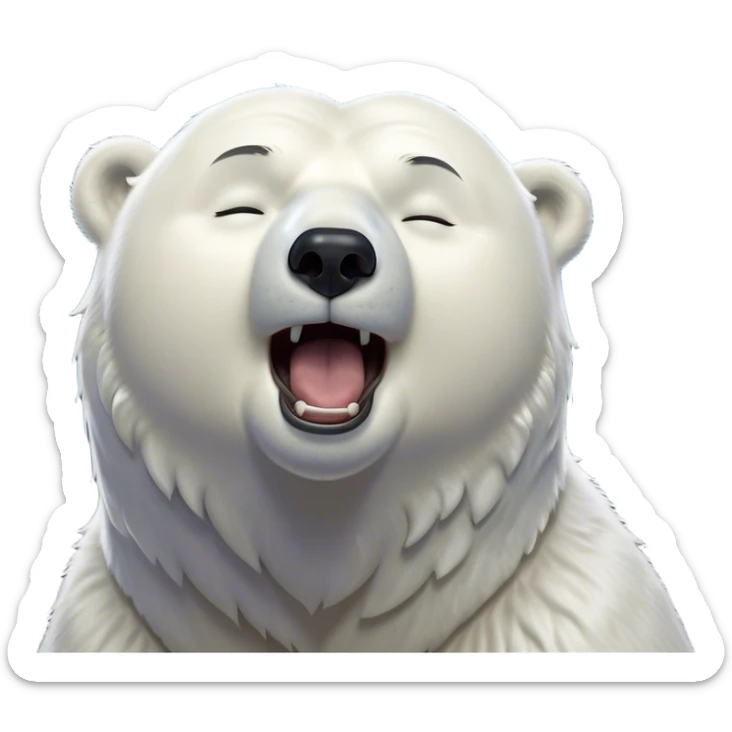 Cinematic Cute Yawning Polar Bear Portrait Emoji, Head tilted slightly with a dramatic, wide-open yawn, showcasing luxuriously thick fur and sleepy, half-closed eyes radiating drowsy contentment, Simplified yet irresistibly adorable features, highly detailed, glowing with a soft, cozy polar light, high shine, relaxed yet expressive, stylized with a dash of whimsical arctic charm, soft glowing outline, capturing the essence of a drowsy yet affectionate guardian that seems ready to stretch out for a nap! sticker