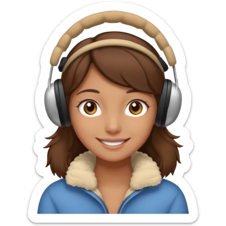 A girl wearing beige ear muffs, tan skin, brown hair, brown eyes smiling sticker
