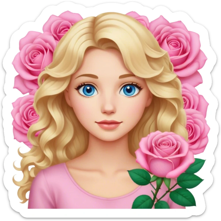 Blonde blue eyed women with wavy hair pink rose background sticker