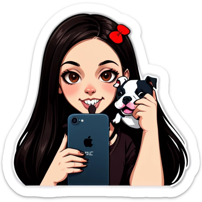 Slightly overweight beautiful girl with choppy long dark hair with her nose piercing and her black iPhone with her her pet pit bull girl with an underbite layed next to her sticker